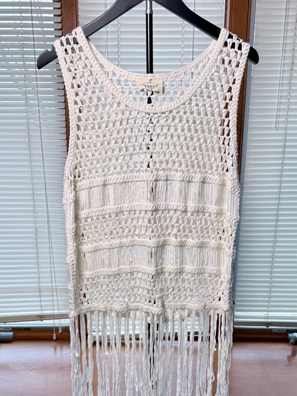 Ember Open-Knit Fringe Crochet Camisole Tank - White